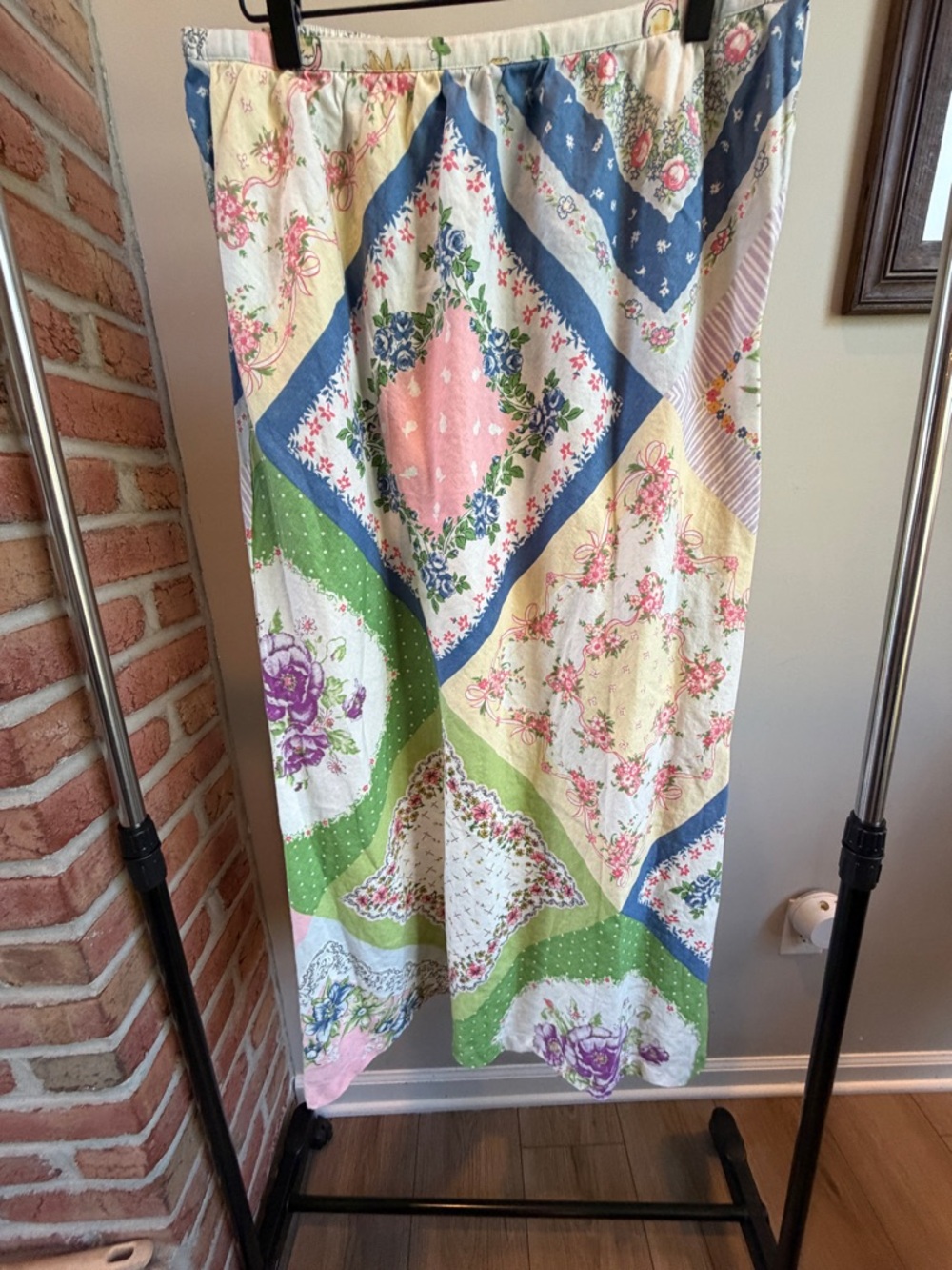 Susan Bristol Floral Patchwork Handkerchief Maxi Skirt in Pastel Cottagecore